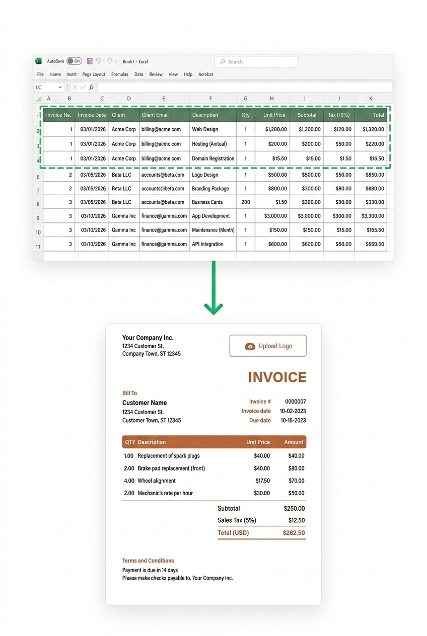 An Excel invoice table at the top flowing down into a finished invoice below.
